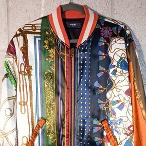 Amiri Men's Multicolor Scarf Patchwork Print Satin Bomber Jacket | Sz 54IT L US